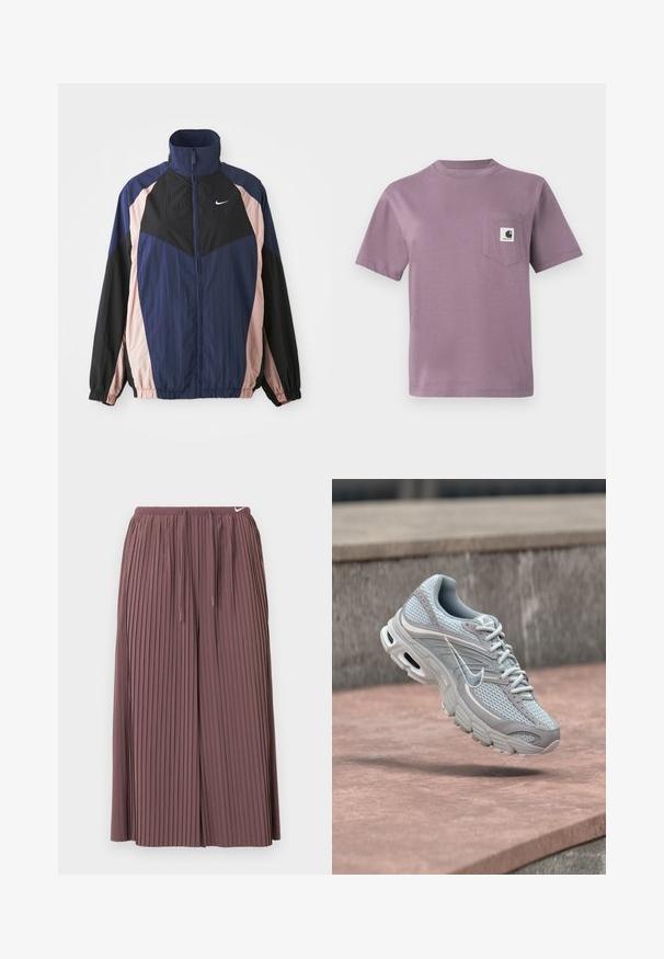 Vindjakke med høj krave, letvægtsstof og farveblokeret design i marineblå, sort og lys pink med elastiske manchetter.; Lilla bomulds T-shirt med rund hals, korte ærmer og en lomme på venstre bryst med et logo mærke. Glat tekstur, afslappet pasform.; Plisserede bukser i en blød mauve farve med elastisk taljebånd med snørebånd og diskret branding ved taljen.; Lysegrå og hvid Nike-løbesko med mesh og polstret sål, vist i luften mod en baggrund af betontrapper.