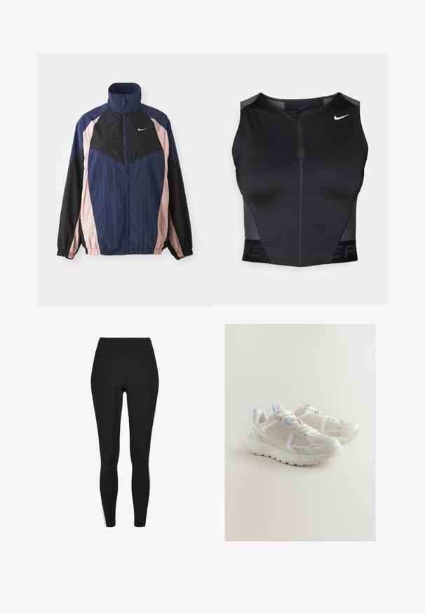 Vindjakke med høj krave, letvægtsstof og farveblokeret design i marineblå, sort og lys pink med elastiske manchetter.; Sort atletisk crop top med lynlåslukning, teksturerede skulderpaneler og trykt mærkelogo. Fremstillet af strækbart, åndbart stof.; Sorte leggings med høj talje, der har hvide striber på siderne, lavet af et strækbart stof for komfort og fleksibilitet.; Letvægts hvide træningssko med mesh og syntetiske overlejringer, der har blå detaljer, tekstureret sål og snørelukning.