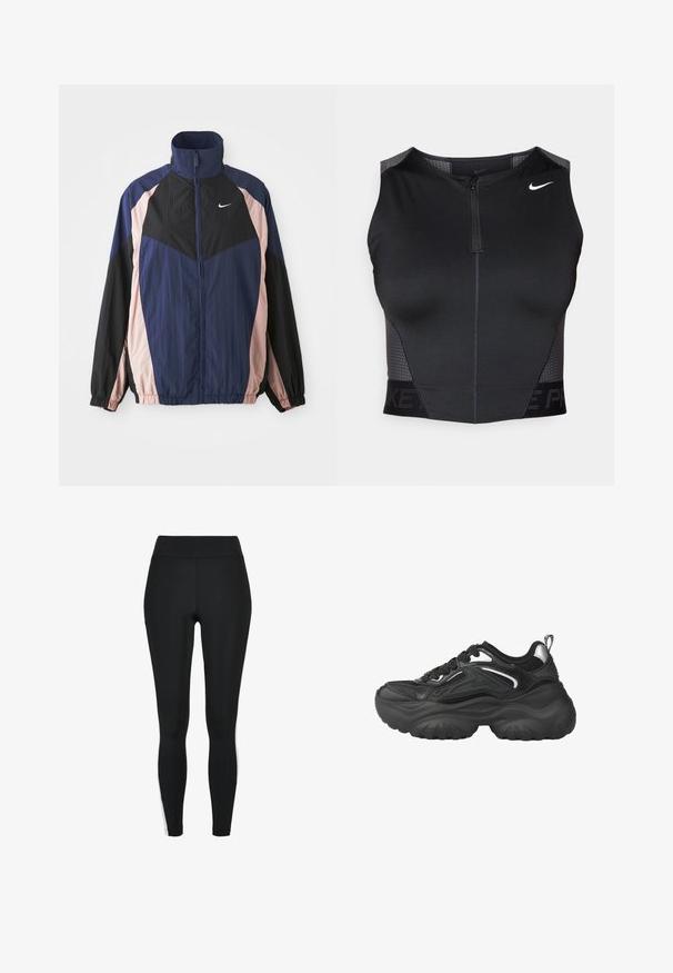 Vindjakke med høj krave, letvægtsstof og farveblokeret design i marineblå, sort og lys pink med elastiske manchetter.; Sort atletisk crop top med lynlåslukning, teksturerede skulderpaneler og trykt mærkelogo. Fremstillet af strækbart, åndbart stof.; Sorte leggings med høj talje, der har hvide striber på siderne, lavet af et strækbart stof for komfort og fleksibilitet.; Sorte atletikskøjter med en kraftig sål, mesh og syntetisk overdel, snørelukning og sølvfarvede detaljer på siderne.