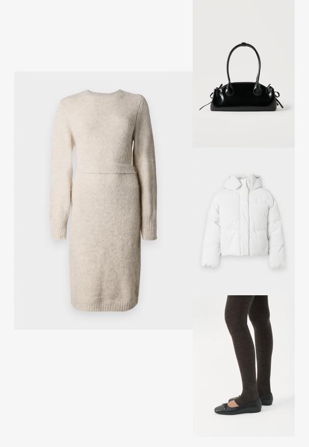 Doudoune blanche avec capuche, présentant un design matelassé, une fermeture frontale et une silhouette légèrement courte. Texture lisse et brillante.; Robe en tricot beige à manches longues, col rond et finition texturée. Taille cintrée avec une bande d'accent, ourlet au genou.; Jambes portant des leggings côtelés foncés associés à des ballerines noires avec de petits détails en nœud sur fond blanc.; Petit sac à main noir brillant avec deux longues anses et des détails à cordon sur les côtés sur un fond clair uni.