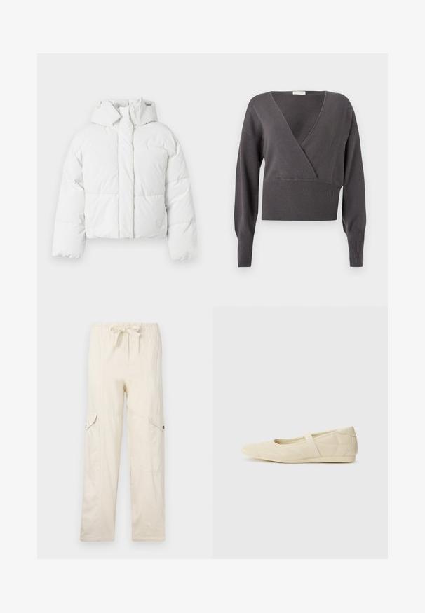 Doudoune blanche avec capuche, présentant un design matelassé, une fermeture frontale et une silhouette légèrement courte. Texture lisse et brillante.; Pull gris court présentant un col en V, des manches longues, un ourlet et des poignets côtelés, ainsi qu'une texture en maille douce. Design classique avec des détails minimaux.; Pantalons cargo beiges avec une taille à cordon, dotés de deux poches latérales et de détails cousus. Fabriqués en matériau en coton léger.; Ballerines beiges avec une exterior en cuir lisse, un bout en forme d'amande et une sangle élastique sur le coup de pied, avec des détails de couture subtils.