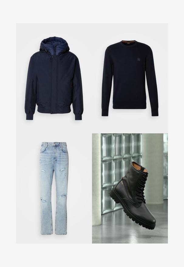 Marineblaue Kapuzenjacke mit Reißverschluss und Druckknopf, elastischen Bündchen und strukturierter Außenseite. Das Innere ist mit einem kontrastierenden blauen Stoff gefüttert.; Marineblauer Strickpullover mit langen Ärmeln, Rundhalsausschnitt, gerippten Bündchen und Saum, mit einem kleinen quadratischen Logo-Patch auf der Brust.; Hellblaue Jeans mit legerer Passform, featuring distressed Stellen und fransigen Kanten. Der Stoff hat eine weiche, glatte Textur.; Schwarzer Leder-Schnürkampfstiefel mit dicker Sohle, goldenem "HUGO"-Logo an der Seite, präsentiert in modernem Innenraum mit Glasbausteinwand im Hintergrund.