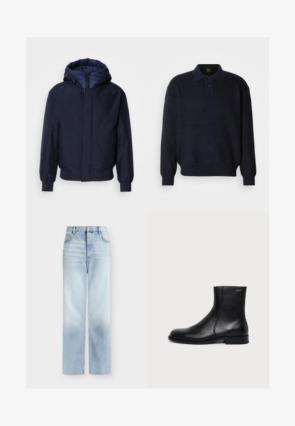 Marineblaue Kapuzenjacke mit Reißverschluss und Druckknopf, elastischen Bündchen und strukturierter Außenseite. Das Innere ist mit einem kontrastierenden blauen Stoff gefüttert.; Marineblauer Strickpullover mit Kragen, Zwei-Knopf-Leiste, Rippstruktur und langen Ärmeln. Weicher Stoff, lockere Passform.; Hellblaue, hoch taillierte Jeans mit geradem Bein, Fronttaschen, Gürtelschlaufen und einem Knopfverschluss.; Schwarzer Leder-Knöchelstiefel mit niedrigem Absatz, seitlicher Naht und kleinem "HUGO" Logo am oberen Schaft vor einfarbigem Hintergrund.