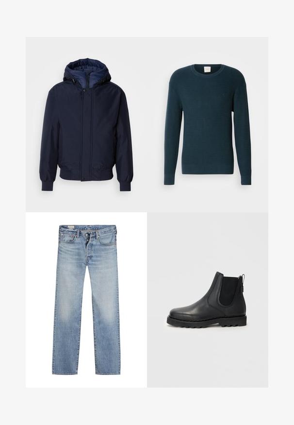 Navyblauwe capuchonjas met een ritssluiting en drukknoop, elastische manchetten en een gestructureerde buitenkant. Binnenin gevoerd met contrasterende blauwe stof.; Donkerblauwe gebreide trui met een ronde halslijn, lange mouwen en een textuurpatroon. Heeft een klein logo op de borst.; Lichtblauwe spijkerbroek met een rechte pijp, voorzien van een knoopsluiting, een vijf-pocket ontwerp en een vervaagde textuur langs de dijen.; Zwarte leren Chelsea-boots met elastische zijpanelen, een trekriem aan de achterkant en een robuuste rubberen zool. Glad afgewerkt, met een rond toel ontwerp.