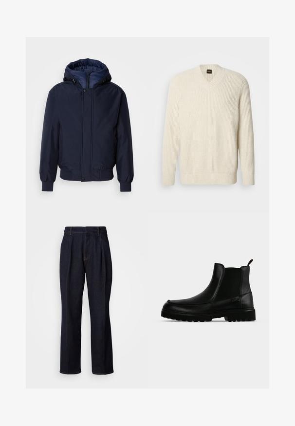 Navyblauwe capuchonjas met een ritssluiting en drukknoop, elastische manchetten en een gestructureerde buitenkant. Binnenin gevoerd met contrasterende blauwe stof.; Crème-kleurige gebreide trui met een V-hals, voorzien van een geribbelde textuur, lange mouwen en een ontspannen pasvorm. Logo-label zichtbaar bij de hals.; Donkerblauwe denim jeans met wijde pijpen, inclusief voorplooien en oranje stiksels, weergegeven op een witte achtergrond.; Zwarte leren enkellaars met een gestructureerde zool, elastische zijpanelen en een trekriempje op een lichtgrijze achtergrond.