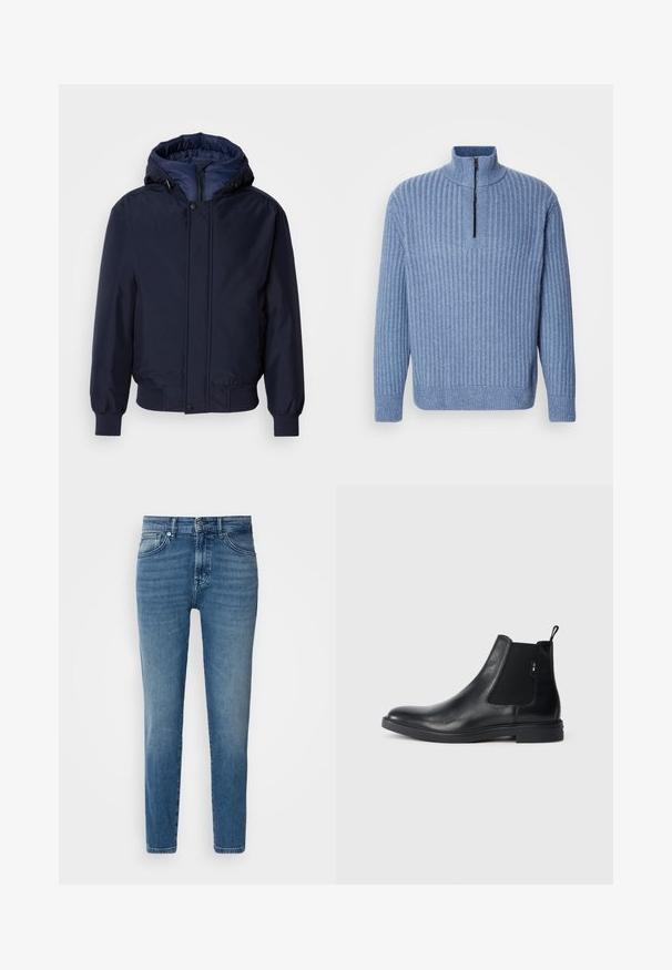 Navyblauwe capuchonjas met een ritssluiting en drukknoop, elastische manchetten en een gestructureerde buitenkant. Binnenin gevoerd met contrasterende blauwe stof.; Lichtblauwe, geribbelde gebreide trui met een opstaande kraag en een gedeeltelijke rits bij de hals; heeft lange mouwen en een rechte zoom.; Lichtblauwe denim jeans met een rechte pasvorm, traditionele vijf-pocket stijl, metalen knoopsluiting en subtiele vervaging aan de voorkant.; Zwarte leren Chelsea-boots met elastische zijpanelen, een treklipje en een vlakke rubberen zool. Gladde textuur met minimale details.