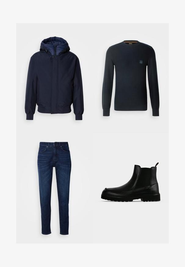 Marineblaue Kapuzenjacke mit Reißverschluss und Druckknopf, elastischen Bündchen und strukturierter Außenseite. Das Innere ist mit einem kontrastierenden blauen Stoff gefüttert.; Gestreifter marineblauer Pullover mit langen Ärmeln, rundem Ausschnitt, strukturiertem Stoff und einem kleinen Logo-Patch auf der Brust.; Dunkelblaue Jeans aus Denim mit geradem Bein, ausgestattet mit Taschen und einem Knopfverschluss an der Taille. Weiche Textur, minimale Ausbleichungen.; Schwarzer Lederknöchelstiefel mit strukturierter Sohle, elastischen Seitenteilen und Zuglasche vor einem hellgrauen Hintergrund.