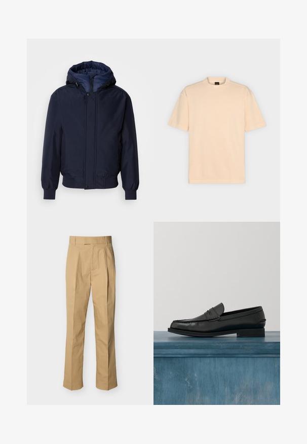 Marineblå hættetrøje med lynlås og trykknap, elastiske manchetter og en tekstureret yderside. Indersiden er foret med en kontrastfarvet blå stof.; Enkel beige T-shirt med korte ærmer og rund halsudskæring med BOSS-mærke på den indvendige bagside af kraven, vist på en lys grå baggrund.; Beige bukser lavet af glat bomuld med høj talje, der har folder foran og lige ben. Ingen synlige metaldele eller mønstre.; Sorte læderloafers med et slankt design, der har syning ved tåen og en glat finish. Skoen har en lav hæl og minimal udsmykning.