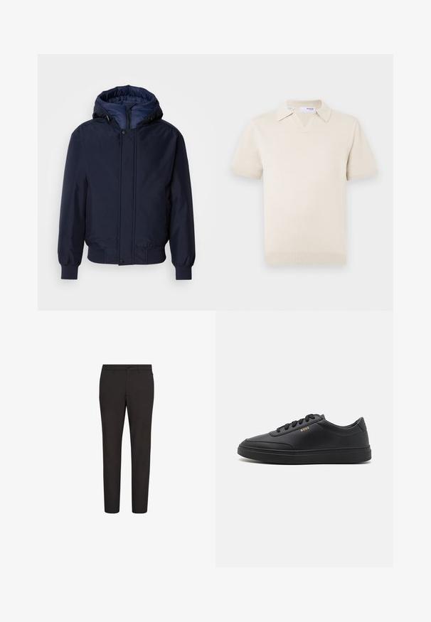 Navyblauwe capuchonjas met een ritssluiting en drukknoop, elastische manchetten en een gestructureerde buitenkant. Binnenin gevoerd met contrasterende blauwe stof.; Roomkleurige korte mouw gebreide polo met een V-hals en kraagontwerp. Heeft geribbelde boorden en zoom, gladde textuur.; Zwarte broek met een slank ontwerp, gemaakt van gladde stof, voorzien van een knoopsluiting, riemlussen, en zonder zichtbare patronen of accenten.; Zwarte leren sneakers met een gladde textuur, ronde neus, platte rubberen zool en tonale veters. Kenmerkt zich door de gouden "BOSS" branding aan de zijkant.