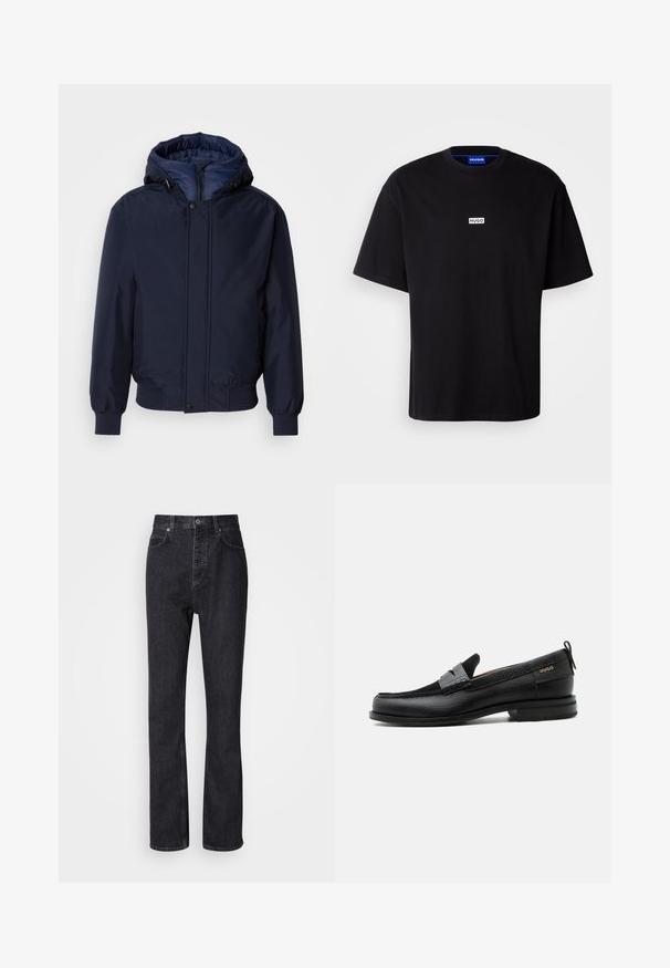 Chaqueta con capucha de color azul marino, con cierre de cremallera y botón a presión, puños elásticos y un exterior texturizado. Interior forrado en un tejido azul de contraste.; Camiseta de algodón negra con cuello redondo, mangas cortas y un logo rectangular blanco "HUGO" en el pecho. Textura suave, corte relajado.; Jeans de mezclilla negros de cintura alta con cierre de botón y cremallera, bolsillos frontales y traseros, y corte recto.; Mocasín de cuero negro con detalle de tira gris, tacón bajo y suela texturizada, con la marca "HUGO" en oro en el lateral.