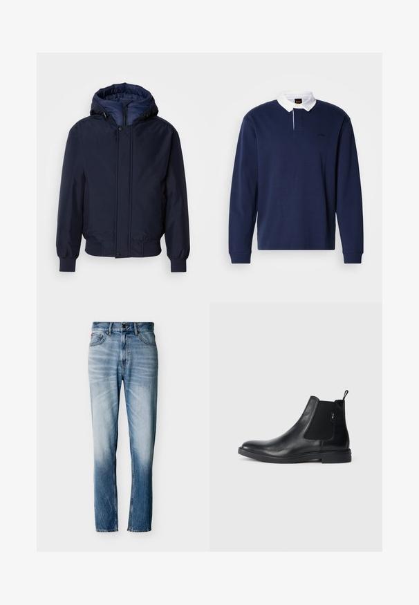 Chaqueta con capucha de color azul marino, con cierre de cremallera y botón a presión, puños elásticos y un exterior texturizado. Interior forrado en un tejido azul de contraste.; Polo azul marino de manga larga con cuello blanco, tapeta de botones y logo bordado. Material de algodón suave, ajuste relajado y puños acanalados.; Vaqueros azules desgastados de pierna recta con cinco bolsillos, cierre de botón y trabillas para cinturón, mostrados extendidos sobre un fondo blanco.; Botines Chelsea de cuero negro con paneles elásticos laterales, una pestaña para tirar y una suela de goma plana. Textura suave con un detalle mínimo.