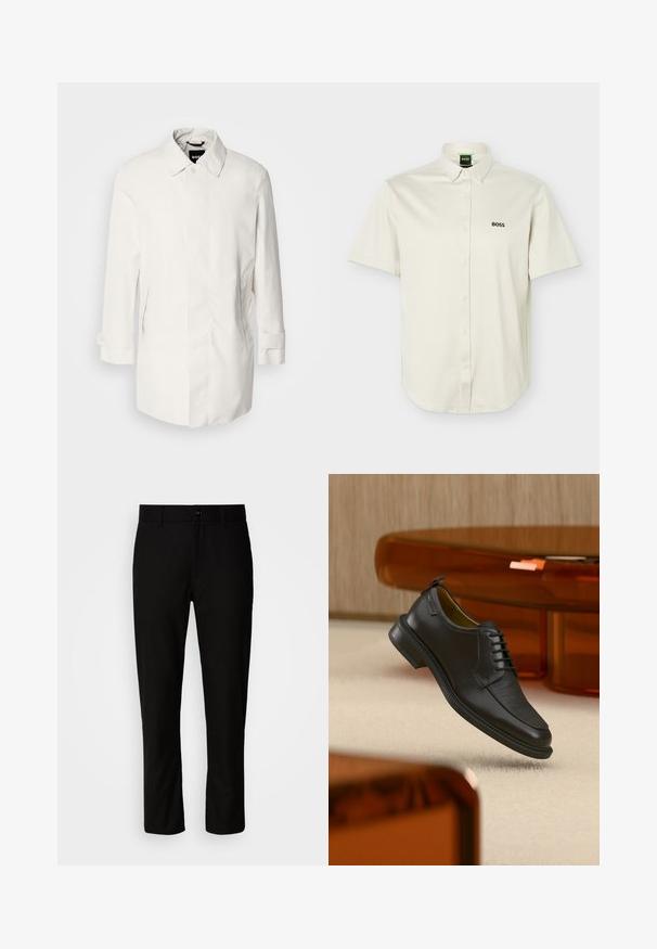 Manteau blanc de mi-longueur avec une fermeture à boutons, un col pointu et deux poches latérales. Fait d'un matériau lisse et léger avec des manches retroussées.; Chemise blanche à manches courtes avec boutons-pression, col boutonné, logo "BOSS" noir sur la poitrine, et étiquette verte à l'intérieur du col.; Pantalon noir à coupe droite, avec une taille plate, passants de ceinture et fermeture à un bouton à la taille. Texture de tissu lisse.; Chaussure habillée noire en cuir à lacets avec devant texturé, flottant au-dessus d'un tapis beige dans une pièce moderne avec des meubles teintés d'ambre.