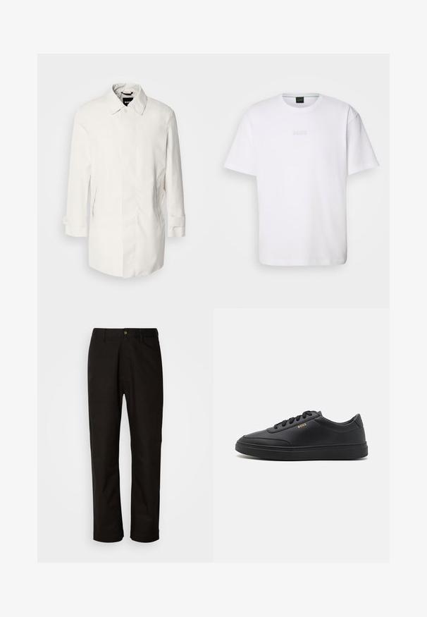 Manteau blanc de mi-longueur avec une fermeture à boutons, un col pointu et deux poches latérales. Fait d'un matériau lisse et léger avec des manches retroussées.; T-shirt en coton blanc à manches courtes, col rond, avec un logo « BOSS » en relief sur la poitrine. Texture lisse, coupe standard.; Pantalon en coton noir avec une coupe droite, des passants de ceinture, une fermeture éclair à l'avant et un seul bouton. Texture lisse sans motifs visibles.; Baskets en cuir noir avec une texture lisse, bout rond, semelle en caoutchouc plate et lacets ton sur ton. Présente une marque "BOSS" dorée sur le côté.