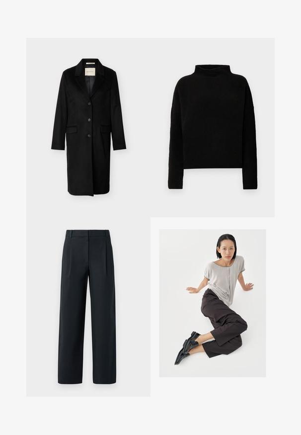 Manteau en laine noir mi-long avec revers crantés, trois boutons sur le devant, poches à rabat et manches longues.; Pull en col roulé noir en tissu doux, avec des manches longues et une coupe décontractée, présentant des coutures minimales et sans embellissements visibles.; Pantalon noir ajusté avec une coupe droite, présentant des plis avant, une texture lisse et des passants de ceinture. Pas de poches visibles.; Haut gris clair à manches courtes, pantalons larges foncés, et mocassins noirs. Tissu lisse, coupe décontractée, et bordure contrastante sur la chemise.