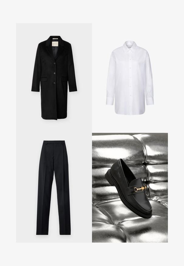 Manteau en laine noir mi-long avec revers crantés, trois boutons sur le devant, poches à rabat et manches longues.; Chemise blanche à manches longues avec col classique et poignets boutonnés, présentée sur un fond blanc uni.; Pantalon noir en tissu lisse avec taille haute, jambes larges, plis à l'avant et passants de ceinture classiques. Pas de poches latérales visibles.; Mocassin en cuir noir avec un détail en métal doré. La chaussure présente un design épuré et une texture lisse et brillante.