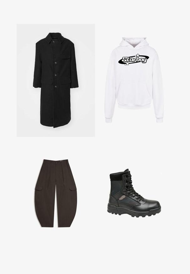 Sort lang frakke i et robust stof, med krave, frontknapper og en brystlomme. Enkel, lige snitdesign med sidelommer.; Hvid hættetrøje med en forlommekynge og ribbede manchetter. "Starboy" logoet i fed sort er centreret, omgivet af små sorte stjerner.; Mørkebrune buks med vide ben, høj talje og store sidelommer, vist fladt på en hvid baggrund.; Sort militærstil støvle med læderoverdel, stofpaneler, snørebånd foran og robust gummisål for godt fodfæste. Forstærket tå og ankelsupport.