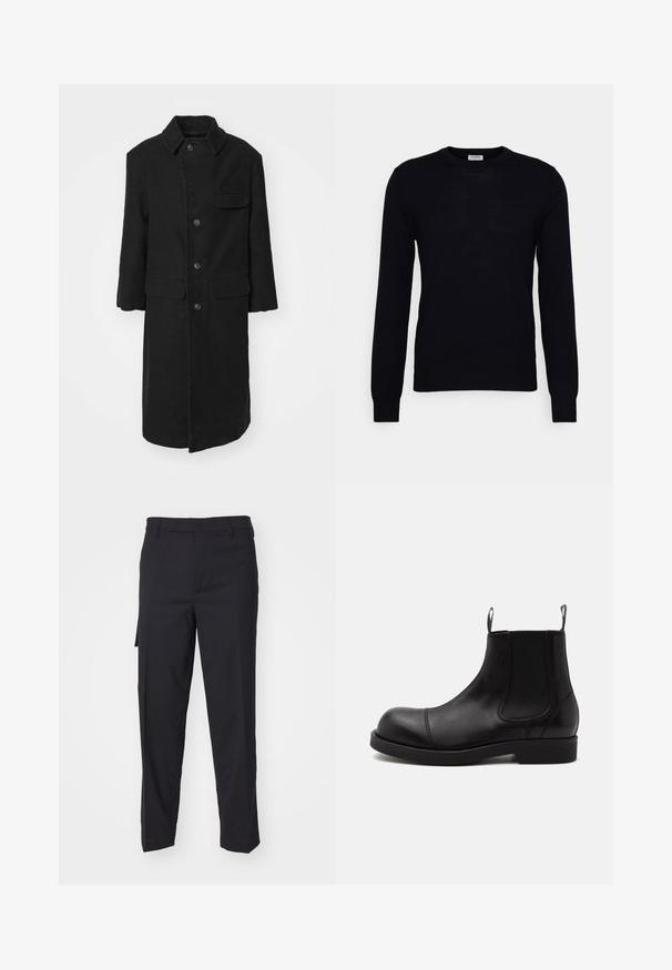 Sort lang frakke i et robust stof, med krave, frontknapper og en brystlomme. Enkel, lige snitdesign med sidelommer.; Sort langærmet sweater lavet af blødt strikket materiale. Rund halsudskæring, ribbede manchetter og kant. Minimalistisk design uden synlige mønstre eller knapper.; Sorte bukser lavet af et glat, vævet stof. Har en lige pasform, slim fit, bæltestropper og en sidelomme.; Sort læder Chelsea-støvle med rund tå, elastiske sidepaneler, stropper foran og bagpå, flad sål, vist fra siden på hvid baggrund.