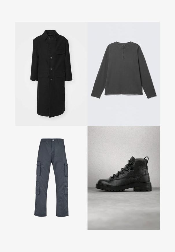 Sort lang frakke i et robust stof, med krave, frontknapper og en brystlomme. Enkel, lige snitdesign med sidelommer.; Mørkegrå langærmet henley-shirt med rund halsudskæring og tre knapper på frontpladen.; Mørkegrå cargo bukser med lige ben-design, der har flere sidelommer og lukning med knap foran. Lavet af slidstærkt stof.; Sorte læderankelstøvler med tekstureret overdel, seks snørehuller og en robust sål. Har en hælkappe for nem påtagning.