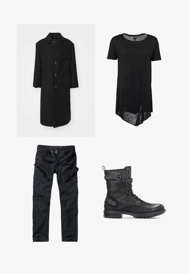 Sort lang frakke i et robust stof, med krave, frontknapper og en brystlomme. Enkel, lige snitdesign med sidelommer.; Sort kortærmet t-shirt med rund halsudskæring, asymmetrisk kant, gennemsigtig tekstur og en sidelukning. Blødt, let stof.; Sorte cargo bukser lavet af slidstærkt stof med flere lommer, lynlåse og en justerbar talje for funktionalitet og komfort.; Kazar HEARD - Cowboy- / bikerstøvlette - black