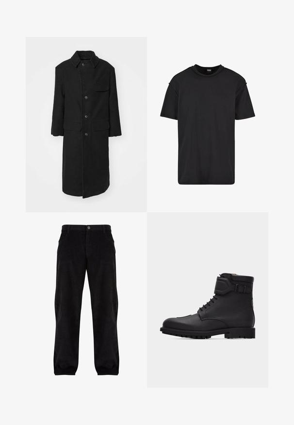 Sort lang frakke i et robust stof, med krave, frontknapper og en brystlomme. Enkel, lige snitdesign med sidelommer.; Sort kortærmet t-shirt lavet af bomuld, med rund hals, afslappet pasform og minimalistiske syninger på skuldrene.; Sort korduroy bukser med lige pasform, der har en frontknap og lynlåslukning, to sidelommer og teksturerede ribber.; Sort tekstureret læderankelstøvle med snørebånd foran, polstret krave, sidelåsrem og tyk gummisål med mønstret underside.