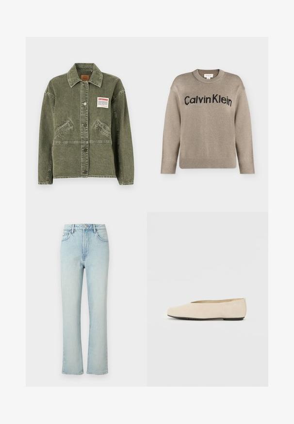 American Vintage UZATOWN - Denimová bunda - olive; Béžový pletený sveter s dlhými rukávmi, rebrovanými manžetami a lemom, s čiernym logom "Calvin Klein" na hrudi.; Svetlomodré rifle s vysokým pásom a rovnými nohavicami, s predným gombíkom, opaskovými očkami a klasickým päťvreckovým dizajnom na jednofarebnom pozadí.; Béžové semišové baleríny s okrúhlou špičkou, plochou podrážkou a minimalisticým dizajnom. Hladký povrch bez viditeľného kovania alebo ozdôb.