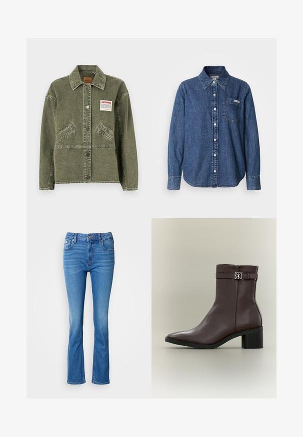 American Vintage UZATOWN - Denimová bunda - olive; Modrá rifľová košeľa s dlhými rukávmi, zapínaním na gombíky vpredu, golierom, jedným náprsním vreckom a jemnými švami. Hladká textúra a voľný strih.; Modré denimové rozšírené džínsy s stredne vysokým pásom, s klasickým päť-pocket dizajnom a jemne vyblednutou textúrou na kolenách.; Tmavohnedá kožená členková topánka s blokovým podpätkom, špicatou špičkou a dekoratívnym remienkom so striebornou štvorcovou prackou na neutrálom pozadí.