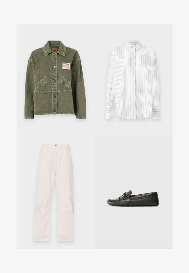 American Vintage UZATOWN - Chaqueta vaquera - olive; Camisa blanca de manga larga con botones, con finas rayas verticales negras y un cuello puntiagudo, exhibida sobre un fondo liso.; Pantalones blancos de tiro alto hechos de una tela suave, con dos bolsillos frontales, un diseño de pierna recta y un cierre de botón en la parte frontal.; Zapato náutico de cuero negro con punta redondeada, detalles de costura, pequeño lazo decorativo y suela de goma. Textura suave y diseño aerodinámico.