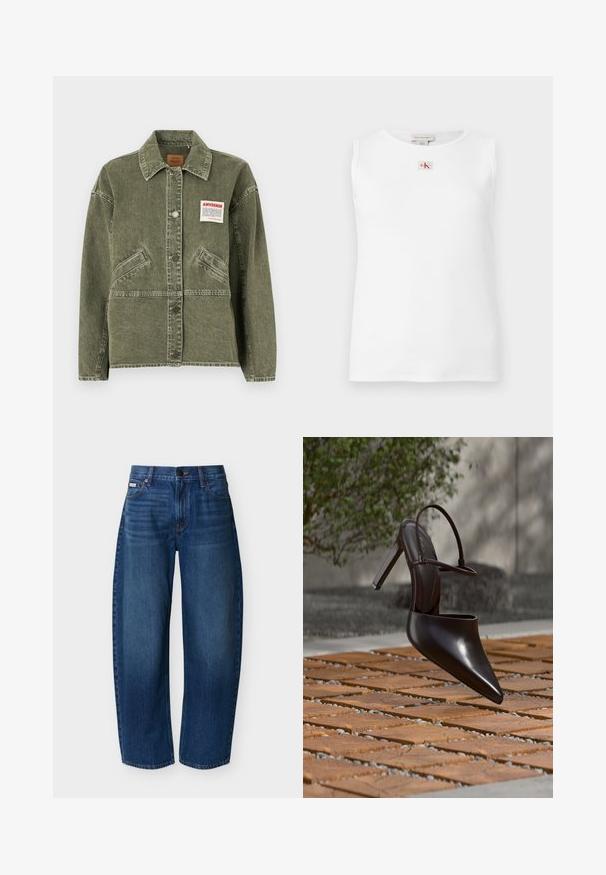 American Vintage UZATOWN - Denimová bunda - olive; Biely bezrukávnik so žebrovaným vzorom a malým červeno-čiernym logom Calvin Klein umiestneným v strede pod výstrihom.; Tmavomodré rifle s vysokým pásom a priamymi nohavicami, predné vrecká, púzdra na opasok, zapínanie na gombík a jemné vyblednutie na stehnách.; Lesklá čierna vysoká päta mule s špičatou špičkou a členkovým remienkom, zavesená nad povrchom z terakotových dlaždíc s medzerami vyplnenými štrkom.