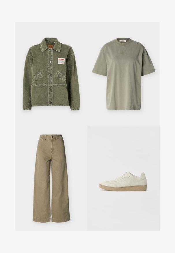 American Vintage UZATOWN - Farkkutakki - olive; Oliivinvihreä, ylikokoinen lyhythihainen T-paita, jossa pyöreä kaula-aukko ja pieni kirjailtu brändilogon kuva rinnassa keskellä.; Vyötäröltä korkeat, oliivinvihreät leveälahkeiset housut, joissa on edessä nappi- ja vetoketjusulku, vyölenkit ja sivutaskut.; Vaahtokarkki värisiä mokkasiineja, joissa on teksturoitu muotoilu, litteä kumipohja ja erottuva sivuommel. Pyöreä kärki ja pehmustettu kaulus.