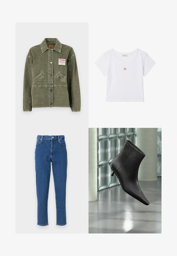 American Vintage UZATOWN - Spijkerjas - olive; Witte korte mouw crop top met ronde hals en klein vierkant Calvin Klein Jeans-logo patch middenvoor.; Blauwe denim jeans met een hoge taille, ritssluiting, vijf zakken, rechte pijpen en een subtiele vervaagde textuur, afgewerkt met een nette zoom.; Zwarte leren enkellaars met puntige neus en lage hak, afgebeeld tegen een glazen blokkenmuur en gepolijste vloer op de achtergrond.