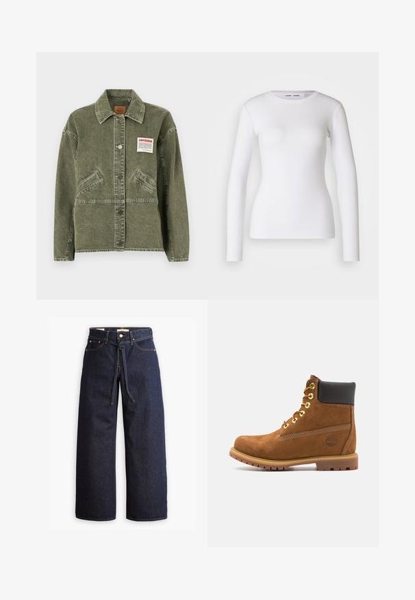 American Vintage UZATOWN - Denimová bunda - olive; Biely dlhý rukáv tričko vyrobené z rebrovanej látky, s okrúhlym výstrihom a priliehavým strihom. Neobsahuje vzory ani akcenty.; Široké tmavomodré denimové džínsy s vysokým pásom, so šnúrkou na sťahovanie, piatimi vreckami a kontrastným prešívaním.; Hnedé semišové členkové topánky s čiernym vycpaným golierom, zlatými očkami, šnurovaním vpredu a gumovou podrážkou s textúrovaným vzorom.