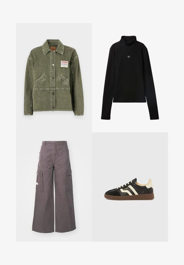 American Vintage UZATOWN - Farkkutakki - olive; Musta, pitkähihainen ribbineulepoolopaita, jonka rinnassa on pieni neliönmuotoinen Calvin Klein -logopläkki.; Harmaat leveät cargo-housut, jotka on valmistettu kestävästä kankaasta. Housuissa on neljä suurta taskua, edessä nappikiinnitys ja rento istuvuus.; Musta tennaripari, joissa on kerma-valkoiset raidat, teksturoitu nahkapäällinen ja ruskea kumipohja. Ominaisuuksina nauhakiinnitys ja matala profiili.
