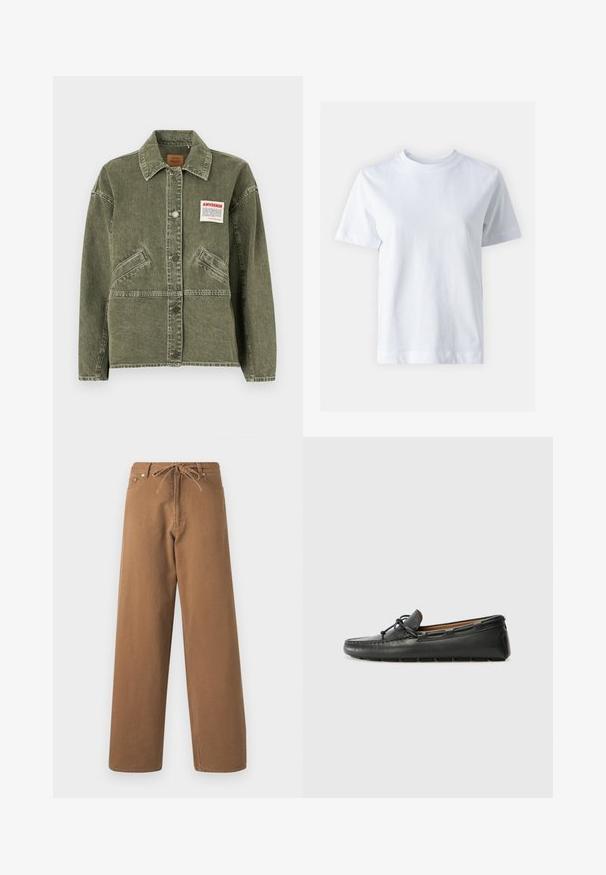 American Vintage UZATOWN - Spijkerjas - olive; Witte katoen t-shirt met een ronde hals, korte mouwen, een rechte snit en een gladde textuur. Geen patronen of versieringen.; Paarse wijde broek gemaakt van katoen, met een verstelbare tailleband en twee voorzakken. Geweven stof met een gladde afwerking.; Zwarte leren bootshoe met een ronde neus, gestikte details, een kleine strikaccent en een rubberen zool. Soepele textuur en gestroomlijnd ontwerp.