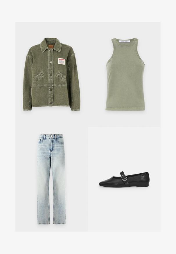 American Vintage UZATOWN - Teksajakk - olive; Pea rohelisest pehmest puuvillast tank tops, millel on ümar kaelus, ilma varrukateta disain ja tikkimisega servad. Lihtne, sobiv kuju.; Heledad sinise värvi kõrge värvliga teksad. Sirge jalgadega disain kerge pleekimisega, viis taskut ja metallist nööbiga sulgemine.; Must värvi nahast tasased kingad ümarate varvastega, ühe reguleeritava paelaga ja siledat, läikivat pinda. Minimalistlik disain madala kontsaga.