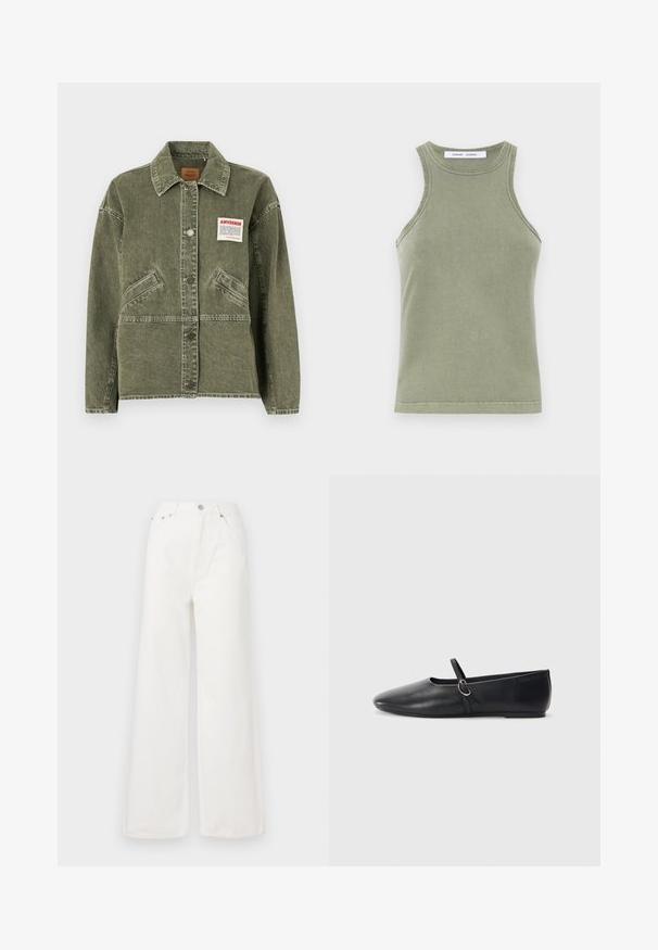 American Vintage UZATOWN - Denimová bunda - olive; Olivovo zelený top bez rukávov vyrobený z mäkkej bavlny, s okrúhlym výstrihom a prešívanými okrajmi. Jednoduchý, priliehavý strih.; Biele vysoké džínsy s širokými nohavicami vyrobené z denimu. Majú predné vrecká, zapínanie na gombík a rozstrapkané detaily na spodnom leme.; Čierne kožené baletky s špicatou špičkou, plochou podrážkou a malým remienkom so striebornou prackou.