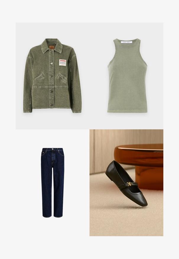 American Vintage UZATOWN - Cowboyjakker - olive; Olivengrøn tanktop lavet af blødt bomuld, med rund halsudskæring, ærmeløs design og syede kanter. Enkel, tætsiddende form.; Mørkeblå denim jeans med lige ben-design, der har høj talje, fem-lomme-stil og kontrastsyninger. Ingen dekorationer.; Sort læder flad sko med spids tå og gyldent CK-logo på rem, placeret på beige tæppe nær et rundt ravbrunt bord.