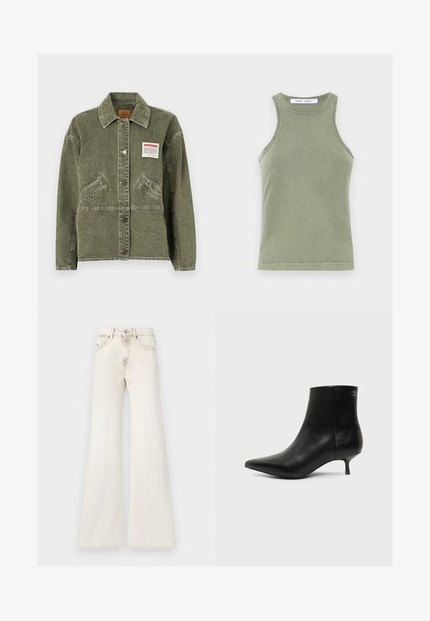 American Vintage UZATOWN - Denimová bunda - olive; Olivovo zelený top bez rukávov vyrobený z mäkkej bavlny, s okrúhlym výstrihom a prešívanými okrajmi. Jednoduchý, priliehavý strih.; Béžové rozšírené džínsy s vysokým pásom z denimu. Obsahujú predné vrecká a zapínanie na gombík. Na látke je jemné vyblednutie.; Čierna kožená členková šnúrovacia obuv s ostrou špičkou a nízkym kitten podpätkom na svetlom pozadí, pohľad z vonkajšej strany.