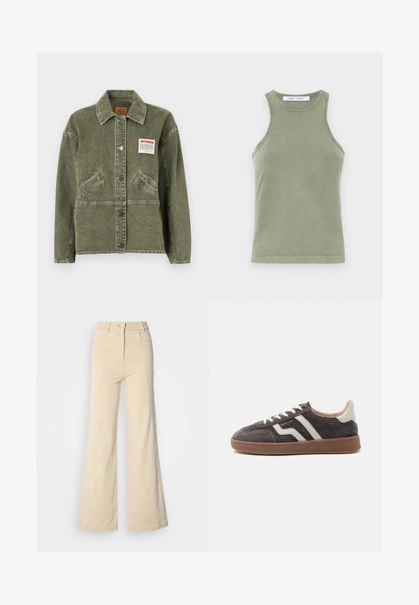American Vintage UZATOWN - Cowboyjakker - olive; Olivengrøn tanktop lavet af blødt bomuld, med rund halsudskæring, ærmeløs design og syede kanter. Enkel, tætsiddende form.; Beige vidde jeans med høj talje, forlommer og kontrasterende syninger, udstyret med en knaplukning og en glat bomuldsstruktur.; Enkel mørkegrå sneaker med hvide læderdetaljer, teksturerede sider, hvide snørebånd og en brun gummisål, vist fra siden på en ensfarvet baggrund.