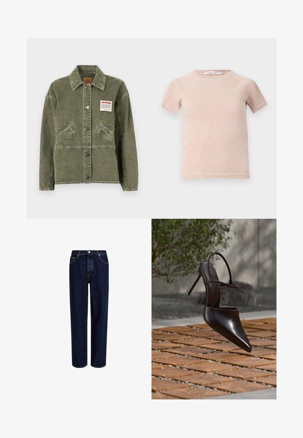 American Vintage UZATOWN - Chaqueta vaquera - olive; Camiseta de manga corta color rosa claro, fabricada en tejido acanalado, con un escote redondo y un corte relajado. Diseño simple y sin costuras.; Jeans de mezclilla azul oscuro con un diseño de pierna recta, que presentan una cintura alta, estilo de cinco bolsillos y costuras en contraste. Sin adornos.; Zueco negro brillante de tacón alto con puntera puntiaguda y correa en el tobillo, suspendido sobre una superficie de baldosas de terracota con espacios de grava.