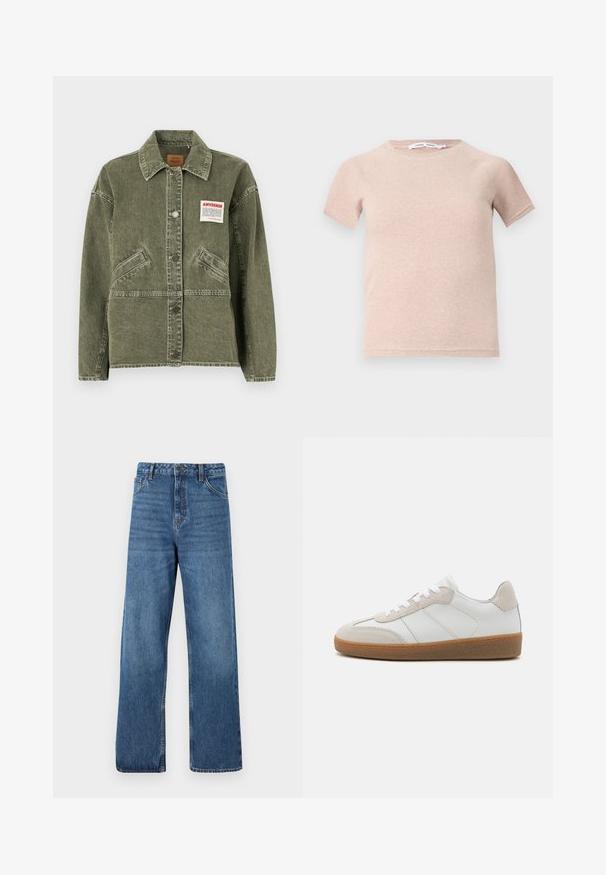American Vintage UZATOWN - Teksajakk - olive; Heledane roosa lühikeste varrukatega T-särk, mis on valmistatud ribakudumist, ümmarguse kaeluse ja mugava lõikega. Lihtne ja sujuv disain.; Kõrge vöökohaga sinised teksapüksid laia säärega, millel on sile tekstuur, minimaalne õmbluste peenhäälestus ja klassikaline viie taskuga stiil.; Valged nahast spordijalatsid, millel on beežist sametist aksessuaarid, tekstureeritud keel ja kummitald. Omab valgeid paelu ja peeneid õmblusdetailide.