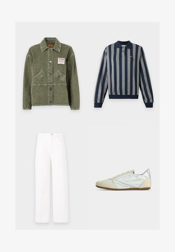 American Vintage UZATOWN - Denimová bunda - olive; Polokošeľa s dlhým rukávom s námorníckymi a sivými vertikálnymi pásikmi, ktorá má golier, zapínanie na gombíky a rebrovaný lem a manžety.; Biele denimové nohavice s širokým strihom, klasickým piatimi vreckami a hladkým povrchom bez vzorov alebo ozdôb.; Nízky biely a béžový teniska s gumovou podrážkou, šnurovaním vpredu a abstraktným bočným dizajnom, zobrazená v bočnom pohľade na jednoliatom pozadí.