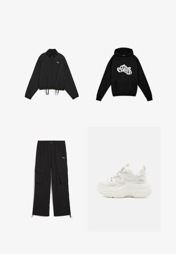 Čierna krátka bunda vyrobená z ľahkej tkaniny, s plným zipsom, stojacím golierom, elastickými manžetami a sťahovacím lemom. Logo na hrudi.; Pegador PALUMA OVERSIZED HOODIE - Mikina - black; Čierne cargo nohavice s širokým strihom, elastickým pásom, dvoma bočnými vreckami a šnúrkami na okrajoch. Zdobené malým bielym logom.; Biele chunky tenisky s vrchnou časťou z sieťoviny a syntetického materiálu, zakrivený tvar, textúrovaná podrážka a výrazný systém šnurovania s logom.