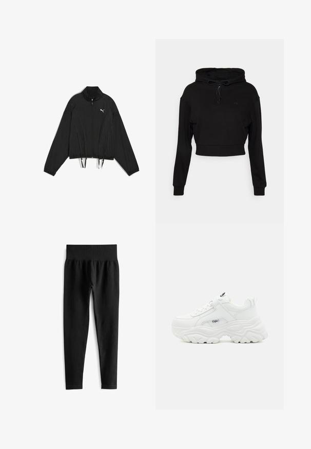 Čierna krátka bunda vyrobená z ľahkej tkaniny, s plným zipsom, stojacím golierom, elastickými manžetami a sťahovacím lemom. Logo na hrudi.; Even&Odd active by Zalando Mikina s kapucňou - black; Čierne rebrované legíny so širokým elastickým pásom, ktoré majú priliehavý strih a hladkú textúru. Žiadny viditeľný hardvér ani vzory.; Biele chunky tenisky s hladkým koženým zvrškom, zaoblenou špičkou a hrubou textúrovanou podrážkou s viditeľným logom značky na boku.