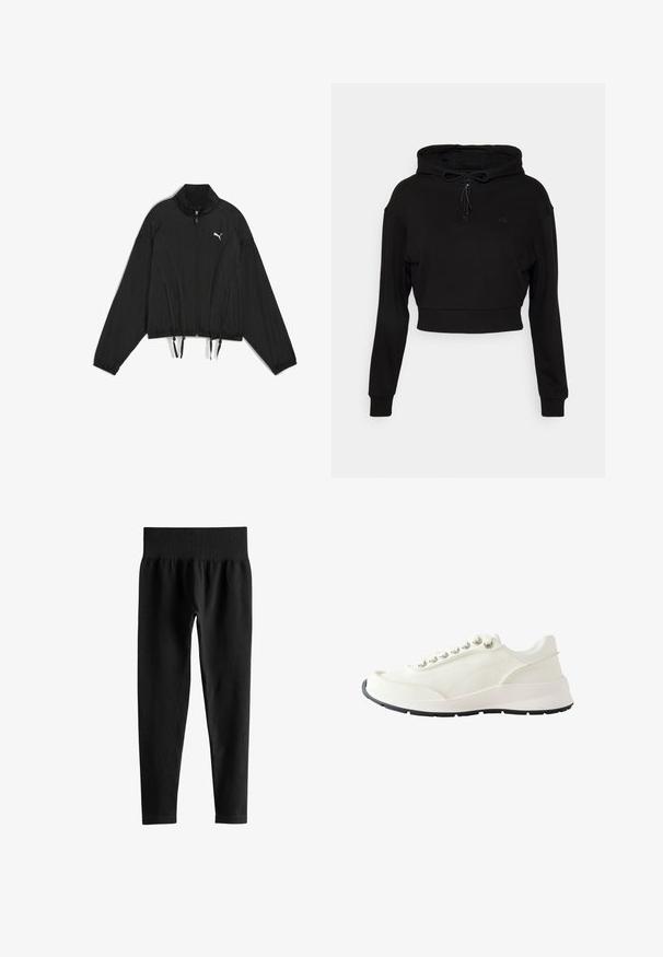 Čierna krátka bunda vyrobená z ľahkej tkaniny, s plným zipsom, stojacím golierom, elastickými manžetami a sťahovacím lemom. Logo na hrudi.; Even&Odd active by Zalando Mikina s kapucňou - black; Čierne rebrované legíny s vysokým pásom, širokým elastickým pásom a štíhlymi nohavicami na bielom pozadí.; Biela nízka teniska so šnurovaním vpredu, s hrubou vystlanou podrážkou a čiernou textúrovanou podrážkou, zobrazená z boku na bielom pozadí.