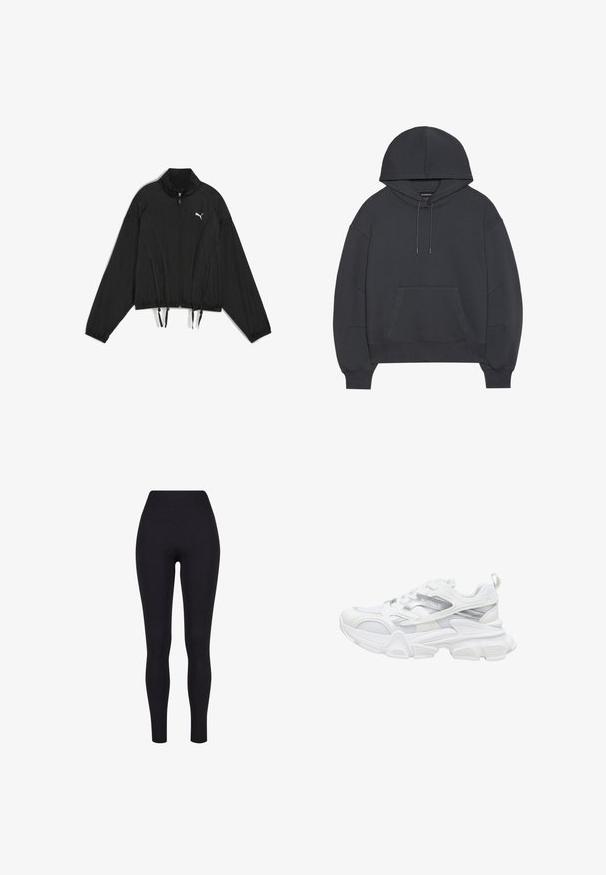 Chaqueta negra corta hecha de un tejido ligero, con cremallera completa, cuello alzado, puños elásticos y dobladillo con cordón. Logotipo en el pecho.; Sudadera con capucha de un gris oscuro, con un bolsillo tipo canguro, puños y dobladillo acanalados. Confeccionada en un textil suave con detalles de costura visibles.; Leggings negros de talle alto, confeccionados con una tela elástica, que presentan una textura suave y un diseño ajustado sin costuras ni patrones visibles.; Zapatilla deportiva blanca con suela gruesa, parte superior de malla y sintética, detalles plateados y marca "BUFFALO" en el lateral.