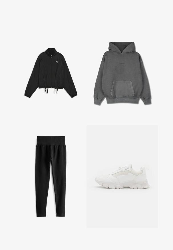 Čierna krátka bunda vyrobená z ľahkej tkaniny, s plným zipsom, stojacím golierom, elastickými manžetami a sťahovacím lemom. Logo na hrudi.; Pegador CLARITA LOGO OVERSIZED HOODIE - Mikina s kapucňou - vintage grey grey gum; Čierne rebrované legíny so širokým elastickým pásom, ktoré majú priliehavý strih a hladkú textúru. Žiadny viditeľný hardvér ani vzory.; NA-KD CONTRAST SOLE TREKKING - Tenisky - white