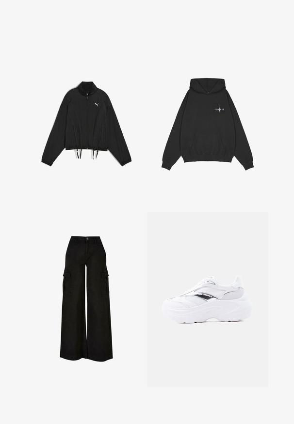Mustat lyhyet takki kevyestä kankaasta, jossa on täysi vetoketju, pystykaulus, joustavat hihansuut ja kiristettävä helma. Logo rinnassa.; Pegador Huppari - washed black; Mustat leveälahkeiset cargo-housut korkealla vyötäröllä, edessä nappi, vetoketju, vyölenkit ja läppätaskut molemmilla reisillä.; Valkoinen paksupohjainen lenkkari, jossa verkkokangas- ja nahkapäällinen, paksu pohja, metallinhohtoinen hopeanvärinen yksityiskohta ja "Karl Lagerfeld" -brändäys sivussa.