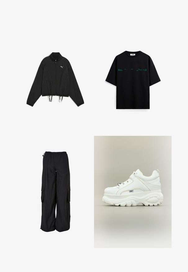 Chaqueta negra corta hecha de un tejido ligero, con cremallera completa, cuello alzado, puños elásticos y dobladillo con cordón. Logotipo en el pecho.; Camiseta negra de manga corta con pequeño texto verde en el pecho y cuello redondo, mostrada sobre un fondo blanco.; Pantalones cargo negros de pierna ancha con cintura elástica, bolsillos laterales con solapa y cordones ajustables en la cintura y el dobladillo.; Zapatilla blanca de plataforma con suela gruesa y voluminosa, cordones en la parte delantera y logo de la marca Buffalo en el lateral, vista desde el lado exterior.
