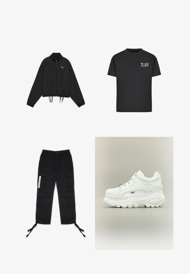 Čierna krátka bunda vyrobená z ľahkej tkaniny, s plným zipsom, stojacím golierom, elastickými manžetami a sťahovacím lemom. Logo na hrudi.; Čierne bavlnené tričko s okrúhlym výstrihom. Na ľavej strane hrudníka sú biele nápisy vrátane japonských znakov a textu "Slurp Away."; Pegador TANAMI WIDE PANTS - Kapsáče - black; Biele platformové tenisky s hrubou masívnou podrážkou, šnurovanie vpredu a logom značky Buffalo na boku, zobrazené z vonkajšej strany.