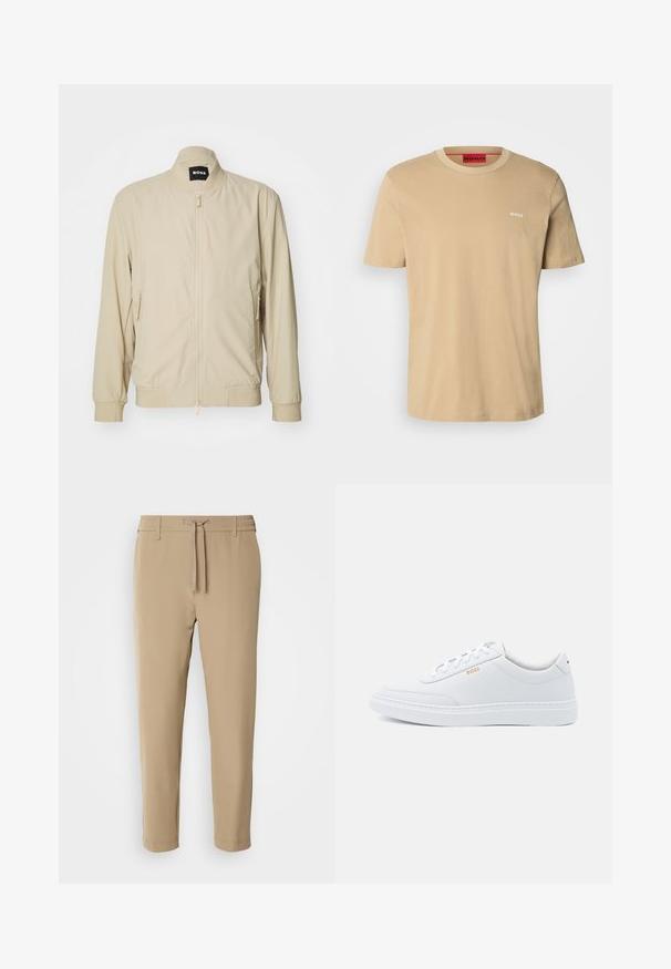 Beige bomberjakke med lynlås foran, ståkrave og sidelommer. Fremstillet af et glat, let stof med elastiske manchetter og bund.; Beige bomulds t-shirt med rund halsudskæring, korte ærmer og et lille hvidt "HUGO" logo på brystet. Glat tekstur uden mønstre.; Beige, tapered bukser med elastisk talje og snor. Glat stof med et rent design uden synlige mønstre eller hardware.; Hvide lædersneakers med glat tekstur, rund tå og ton-i-ton syning. Har blå snørebånd og et gult logo på siden.